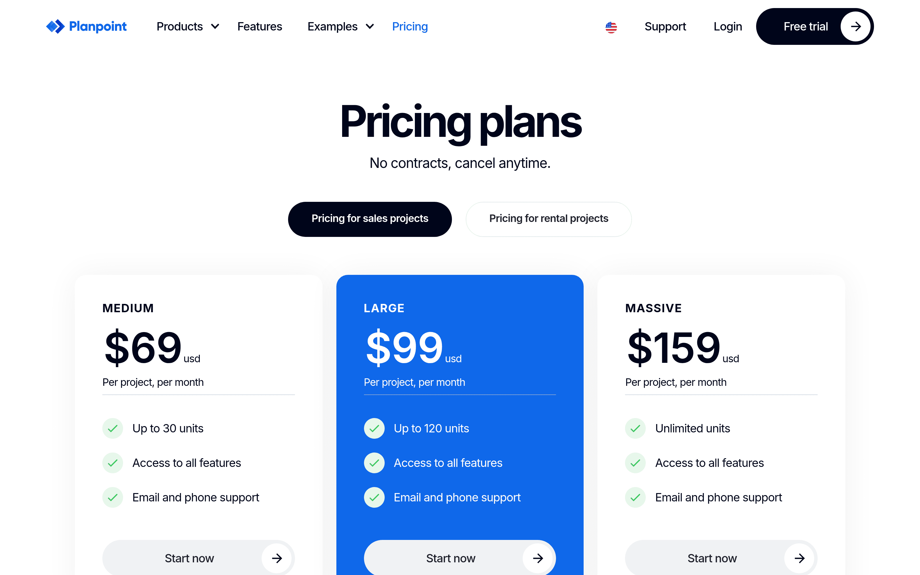 Planpoint's pricing: simple, per-project, no contract, with every feature included on each tier.