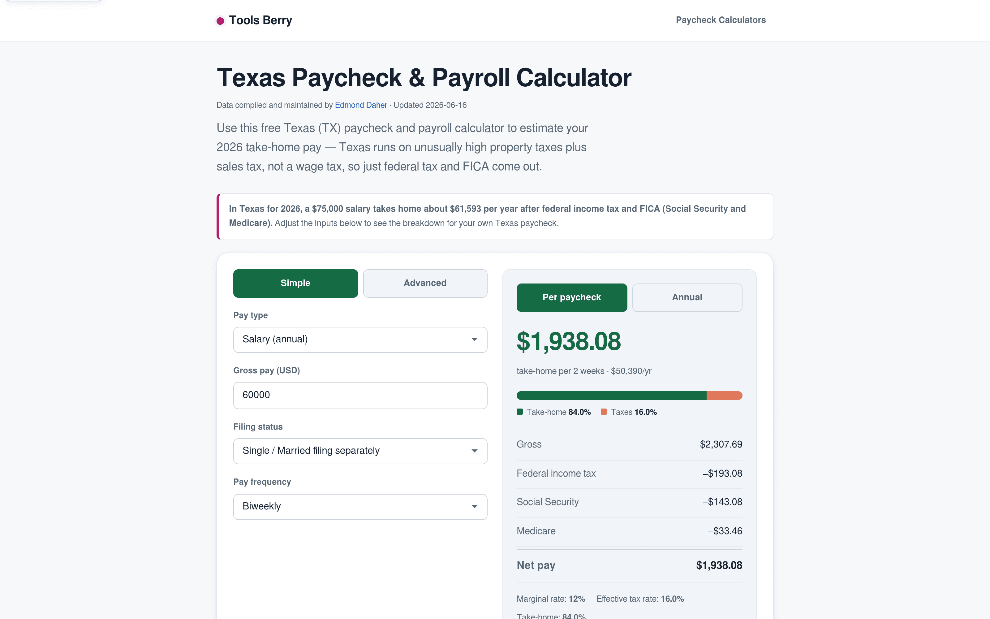 The Texas paycheck calculator, with the maintainer byline and updated date under the title, and the deduction breakdown on the right.